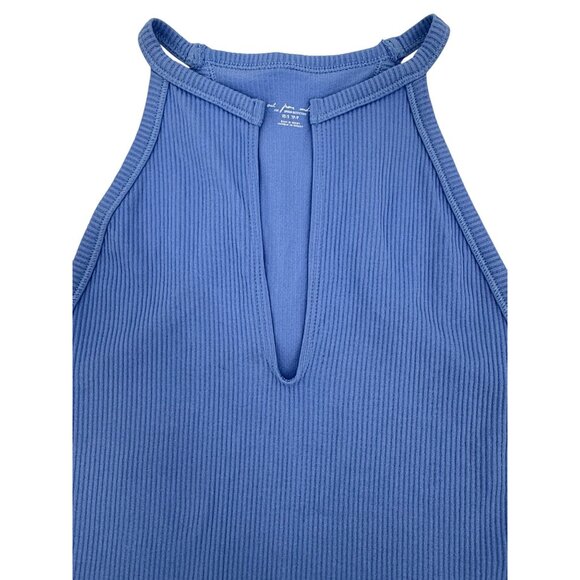 NWT UO Blue Ribbed Bodysuit XS/S High Neck V-Slit Thong • Modern Minimalist Y2K - Picture 12 of 16